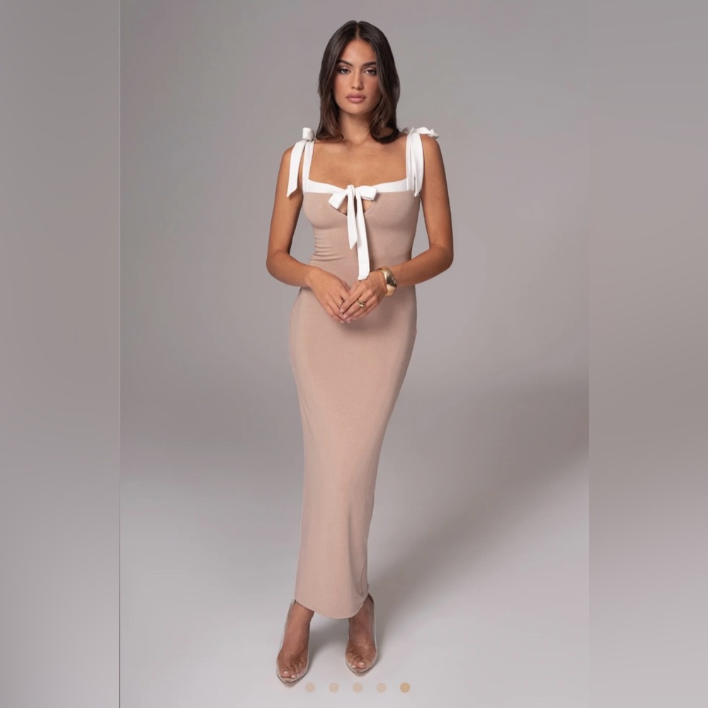 JLUXLABEL Black Ribbed Tie Front Bodycon Midi Dress - Picture 2 of 6